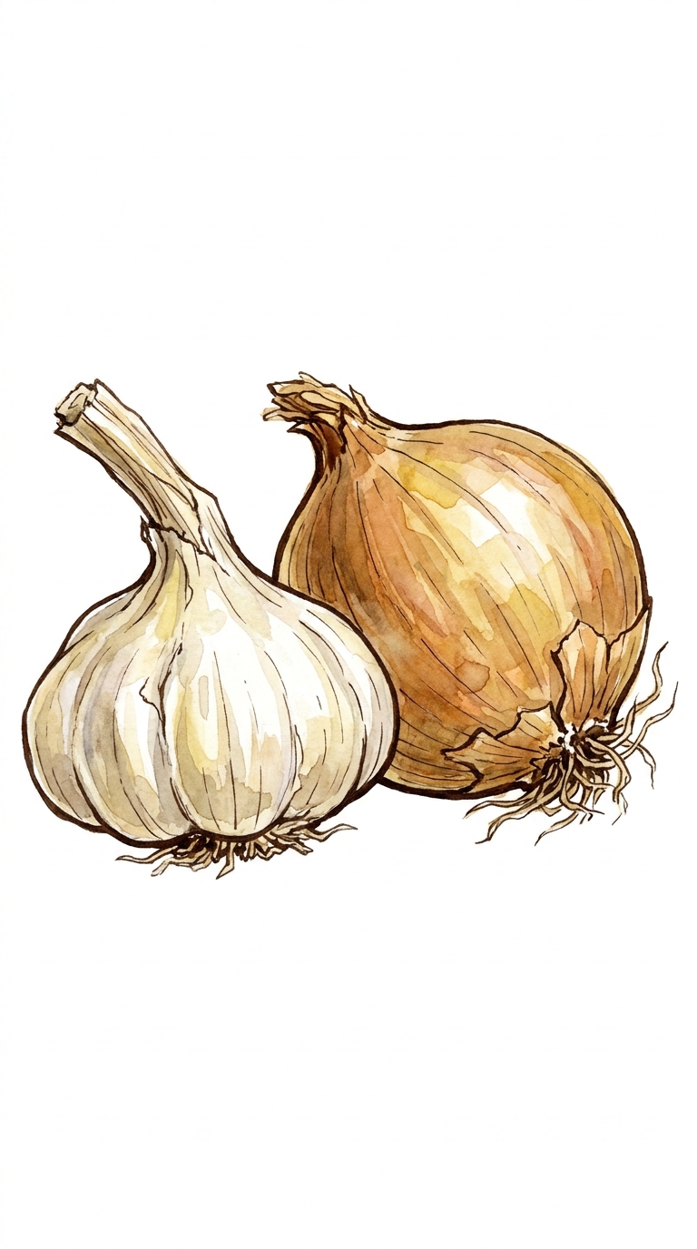 Česnek a cibule, ilustrace